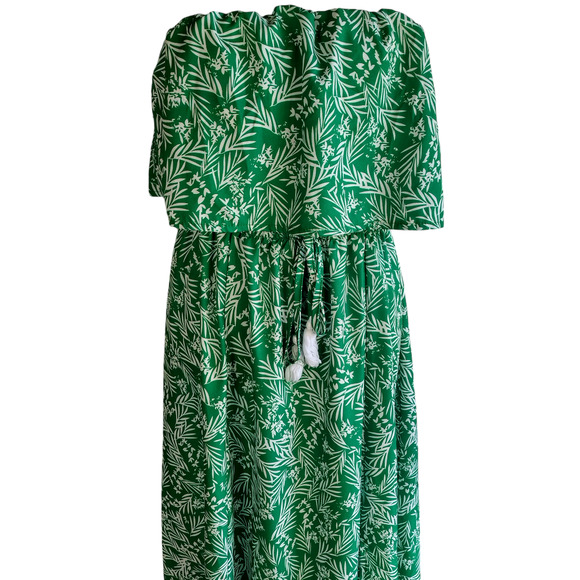 Womens Green Leaf Print Strapless Ruffle Drawstring Long Maxi Dress Size Large - Picture 3 of 9